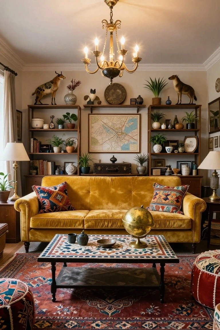 Living room interior with mustard yellow velvet sofa on patterned red rug, flanked by wooden shelves displaying plants, books, taxidermy animals, pottery, and a large old map, under brass chandelier lighting.