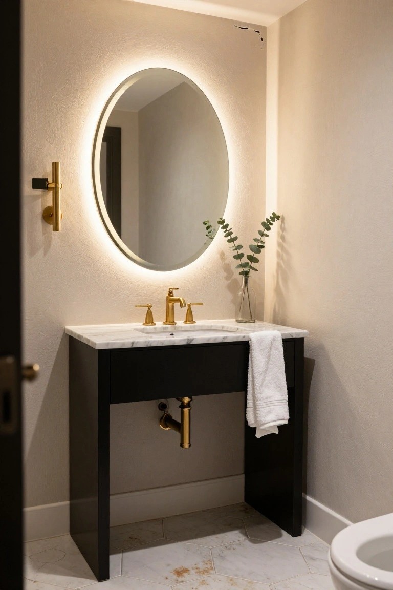 Modern bathroom with oval backlit mirror above black vanity cabinet, white marble countertop, gold faucet and handles, glass vase of eucalyptus leaves, white towel draped over edge, gold plumbing pipe, hexagonal tile floor, and white toilet in corner.