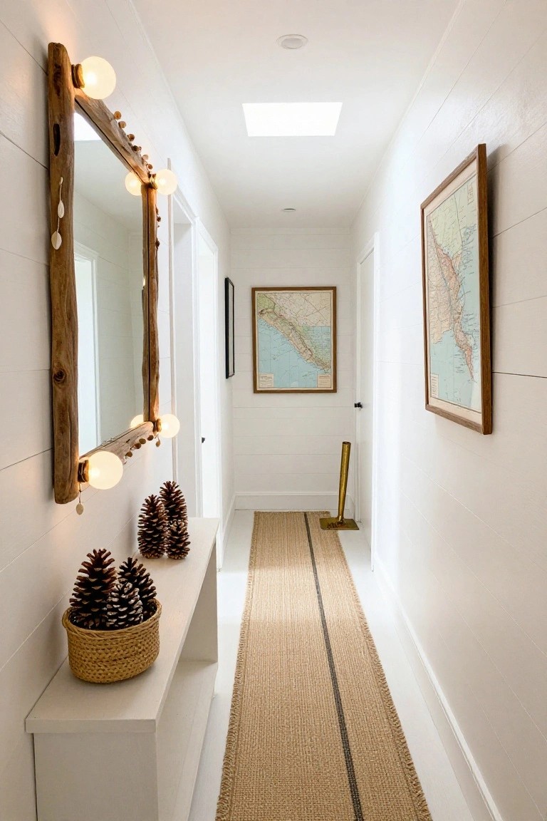 Narrow white shiplap hallway with tall driftwood-framed mirror lit by multiple warm white globe bulbs, nautical maps on walls, pinecones in basket on white console table, striped seagrass runner on floor, and brass umbrella stand.
