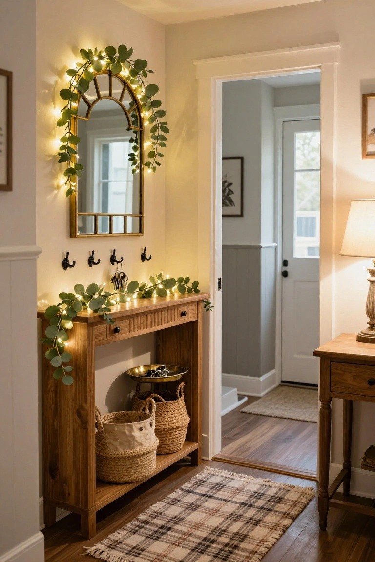 Gold arched mirror framed with fairy lights and eucalyptus garland above a wooden console table with drawers and wicker baskets in a light-colored entryway near an open door.