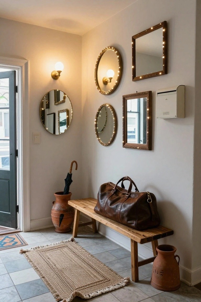 Entryway corner with multiple round and rectangular mirrors outlined in string lights on a white wall, wooden bench holding a leather duffel bag, black umbrella in terracotta vase, another pot on floor, and open green front door.