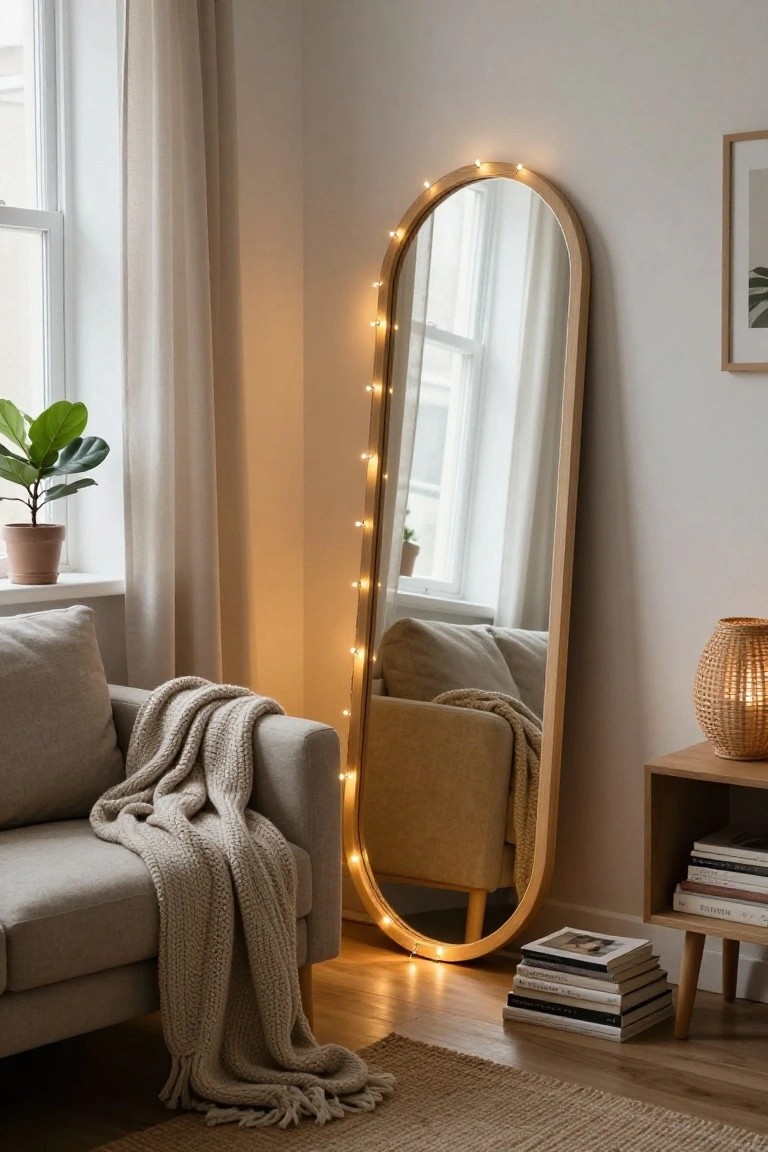 Tall oval full-length mirror with light wooden frame outlined by warm fairy lights standing in a beige living room next to a light gray sofa, a potted plant, and wooden side table with books.