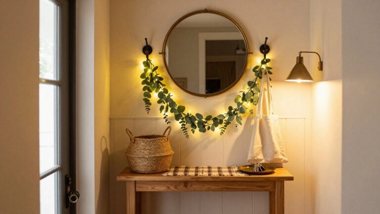 Gold arched mirror framed with fairy lights and eucalyptus garland above a wooden console table with drawers and wicker baskets in a light-colored entryway near an open door.