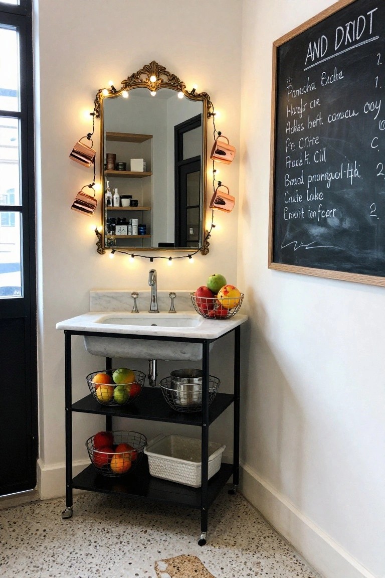Corner bathroom vanity with white sink on black metal stand, ornate gold mirror framed by white string lights and hanging copper mugs, fruit bowls on shelves below, and chalkboard menu on white wall.
