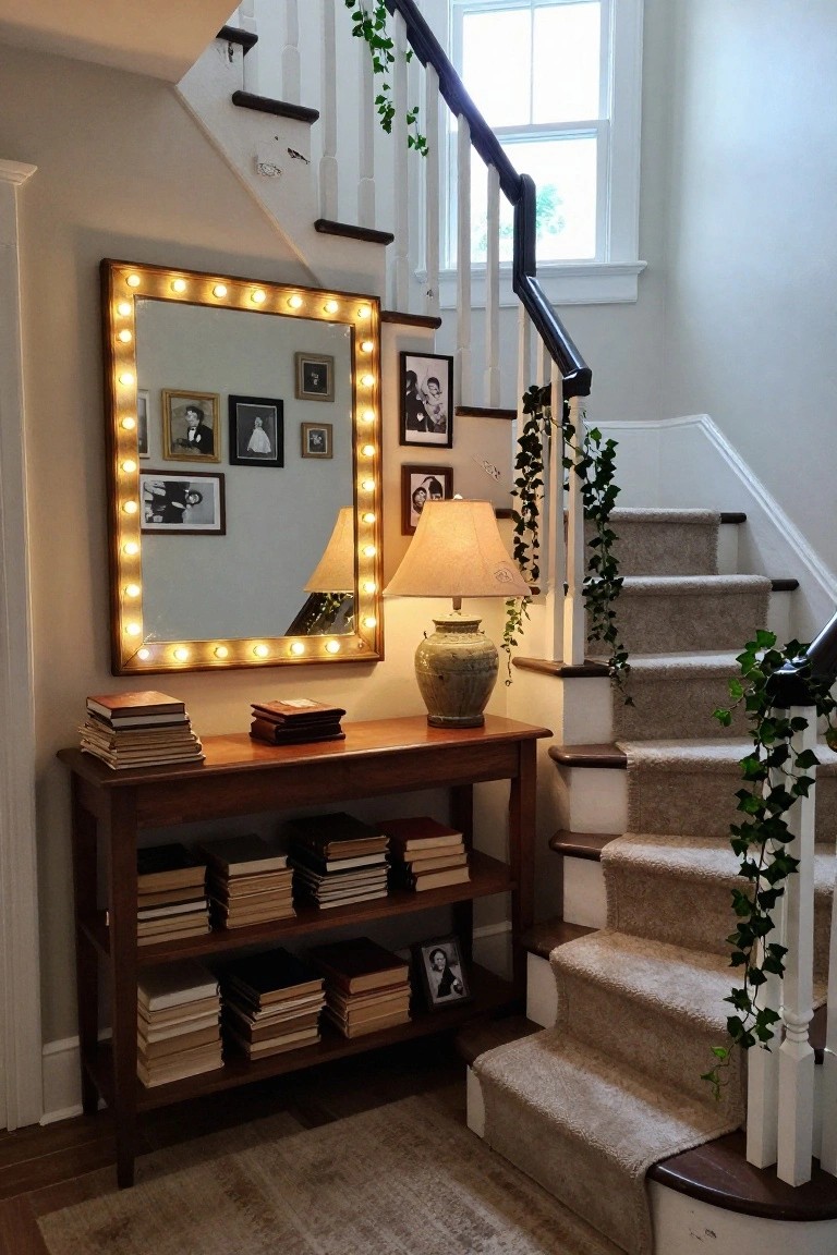 A tall rectangular mirror with a wooden frame edged in lit white bulb lights stands against a wall beside carpeted stairs wrapped in green ivy garlands, next to a wooden console table holding stacked books, a ceramic vase, and a lamp in a light interior hallway.