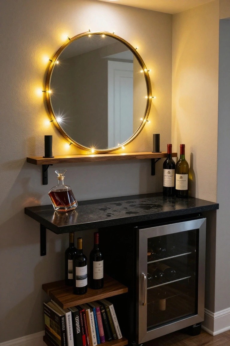 Corner indoor bar setup with a large round gold mirror edged in white LED lights on a wooden shelf holding a whiskey decanter and two wine bottles, above a black countertop with more wine bottles and a glass-door wine fridge, plus a lower bookshelf with books.