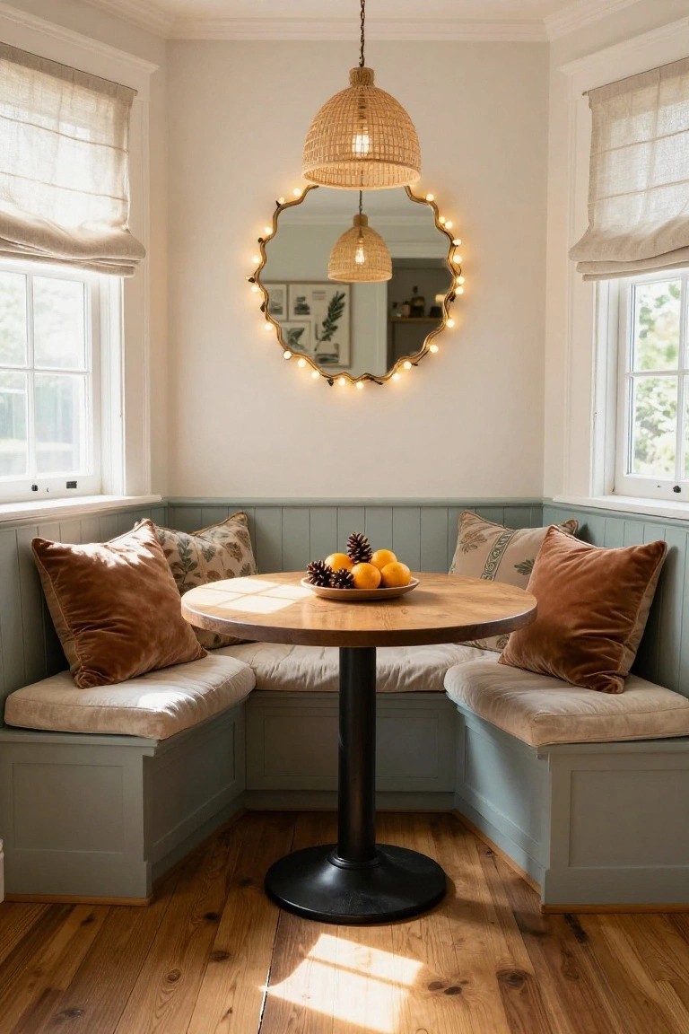 Cozy interior breakfast nook with sage green booth seating around a round wooden table holding oranges and pinecones, a large scalloped mirror edged with string lights above, rattan pendant lamps, and linen curtains on windows.