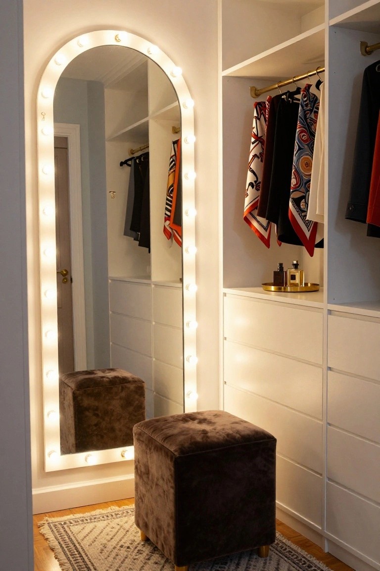 Tall arched white mirror with perimeter bulb lights in a white walk-in closet featuring hanging clothes, drawers, perfume bottles on a tray, and a brown velvet stool on a patterned rug.