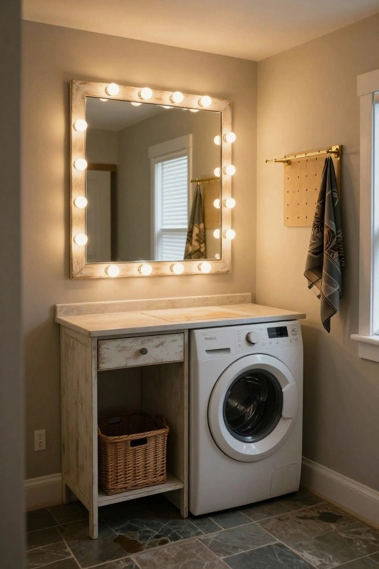 Rustic white wooden vanity with drawer and open shelf holding a wicker basket below a large framed mirror lined with lit white bulbs, positioned next to a white front-loading washing machine in a beige-walled room with slate floor tiles.
