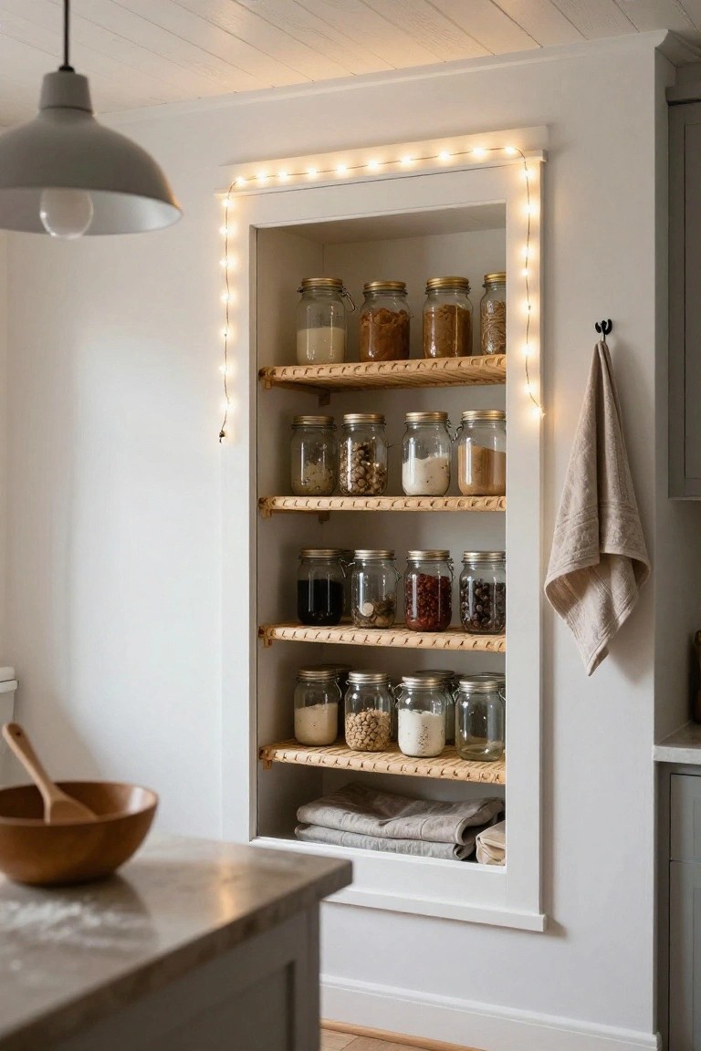 White recessed pantry shelving unit in a kitchen, outlined with warm string lights and filled with glass jars of grains, spices, beans, and nuts on rattan-edged wooden shelves, with a hanging towel and wooden bowl on nearby counter.