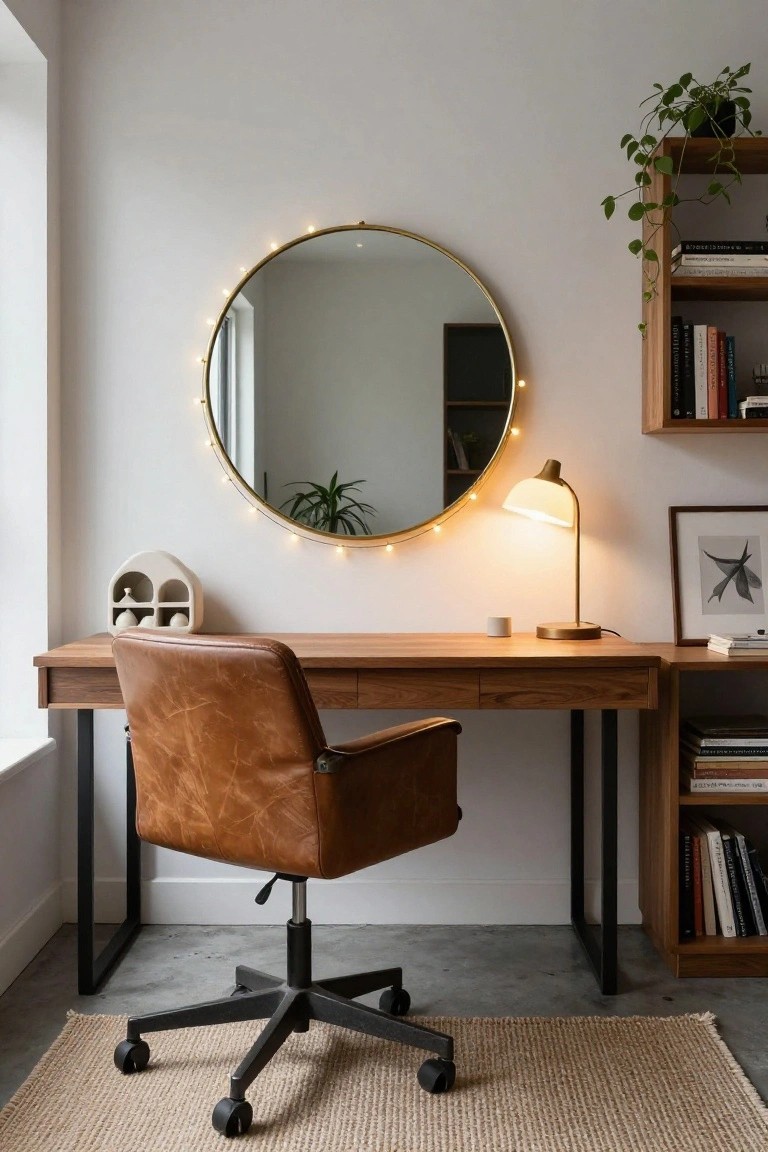 Modern interior office space featuring a wooden desk with brown leather swivel chair, large round gold-framed mirror with white LED lights around the edge on a white wall, floating wooden shelves with books and plants, brass desk lamp, and beige rug on concrete floor.