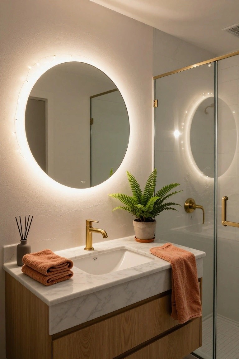 Modern bathroom with round mirror featuring LED rim lighting above marble vanity sink, gold faucet, orange towels, reed diffuser, potted fern, and glass shower enclosure.