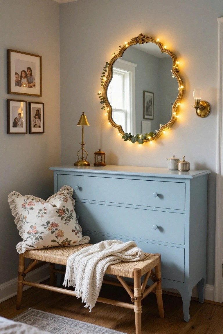 Ornate gold scalloped oval mirror above a light blue dresser in a room corner, outlined with fairy lights and eucalyptus garland, with family photos, brass lamp, ceramic jars, rattan bench, floral pillow, and knit throw nearby.