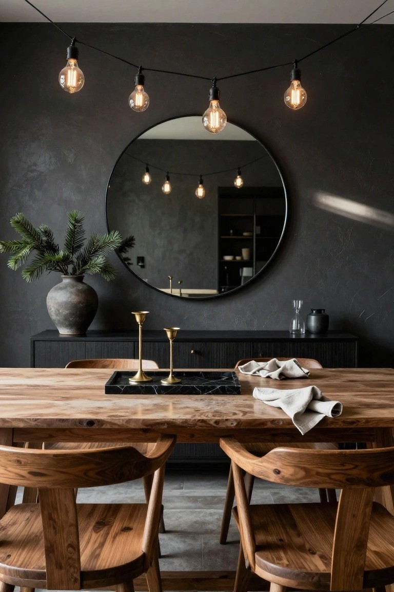 Dark dining room with round mirror, string lights, wooden table and chairs.