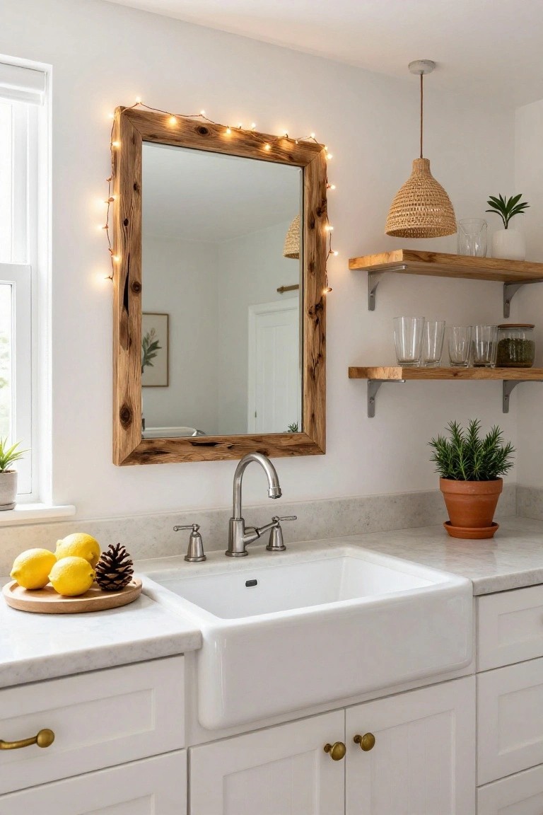 A large rustic wooden mirror framed with wrapped string lights above a white farmhouse sink in a kitchen, with white cabinets, wooden floating shelves holding glassware and plants, a woven pendant light, and lemons on the marble counter.