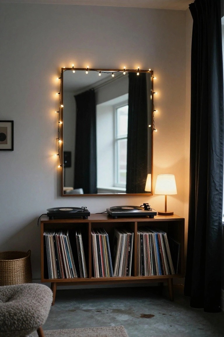 Tall rectangular wooden-framed mirror with warm white string lights wrapped around the edges, positioned next to a wooden console holding two record players, stacks of vinyl records, a small lamp, black curtains, a woven basket, and a sheepskin-upholstered chair in a light gray interior room with concrete floor.