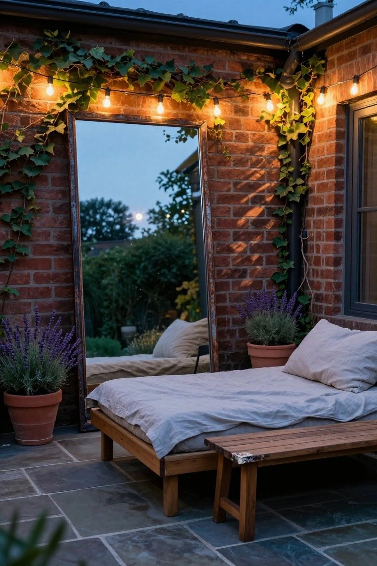 Tall rustic mirror leaning against ivy-covered brick wall on stone patio, framed by string lights, with potted lavender plants, low wooden daybed with white pillows, and bench nearby at dusk.