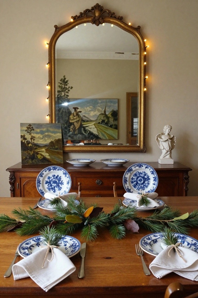 Ornate gilded mirror with fairy lights strung around the frame above a wooden dining table set with blue and white plates, linen napkins tied with evergreen sprigs, and garlands on a wooden buffet cabinet.