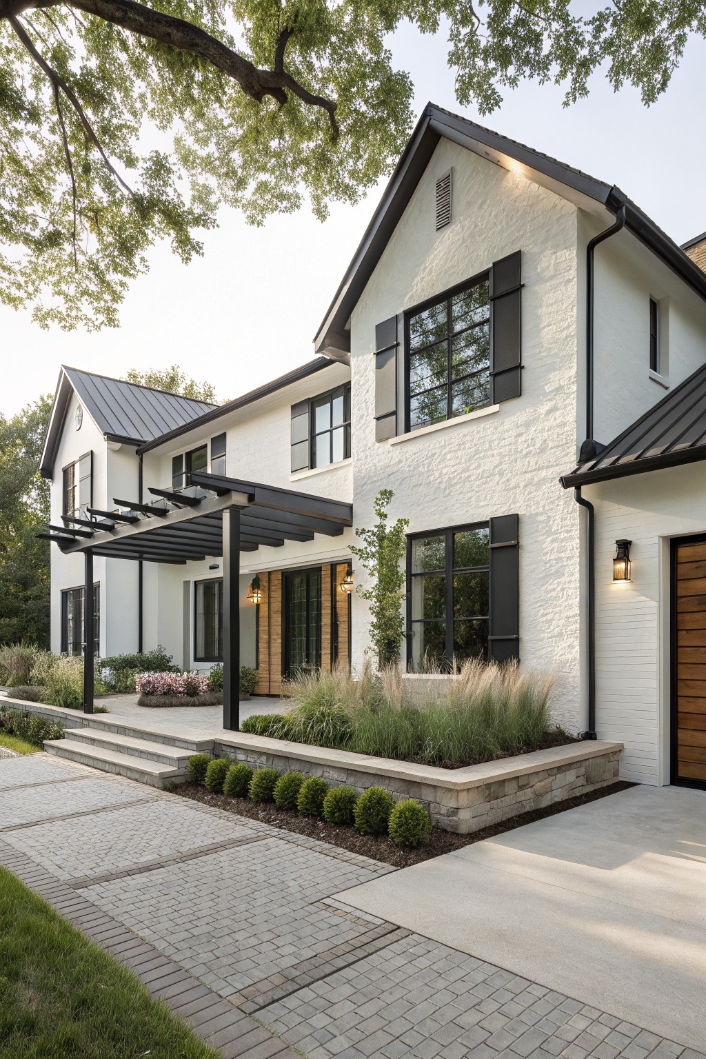 White brick modern farmhouse exterior featuring black metal roof, shutters, and pergola over wood entry doors, wood garage door, concrete steps, paver driveway, and landscaped beds with ornamental grasses and shrubs under tree canopy.
