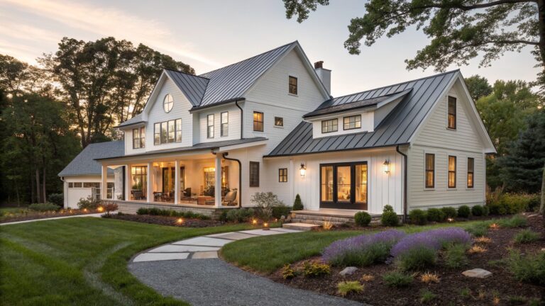 White board-and-batten farmhouse exterior with dark metal roof, wraparound porch, large windows, and curved bluestone pathway through front yard landscaping at dusk.