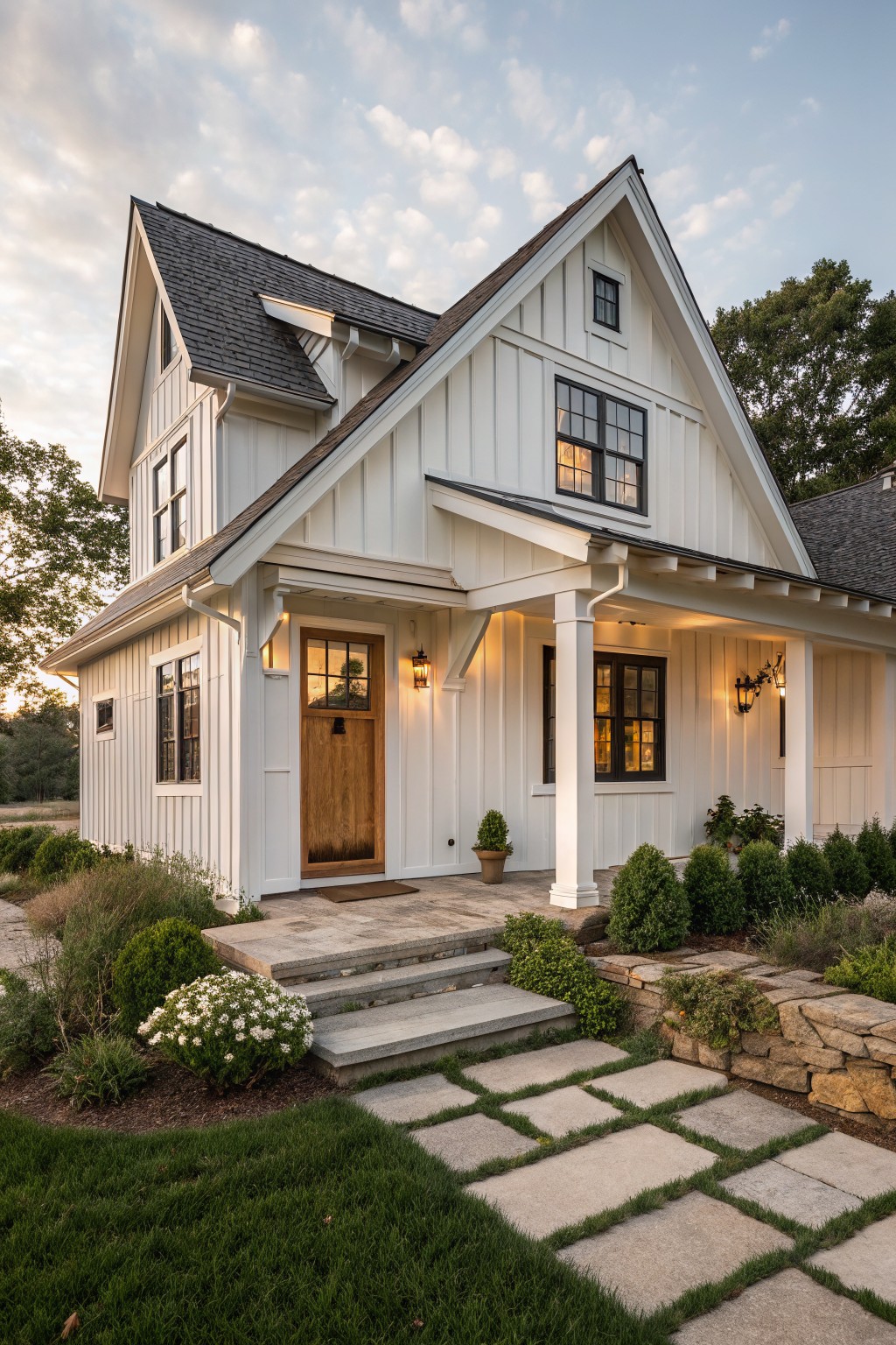 White board-and-batten sided modern farmhouse with gabled roof, covered front porch supported by columns, wooden entry door with glass panels, black-framed windows, lanterns, stone steps, and low landscaping in front yard at dusk.