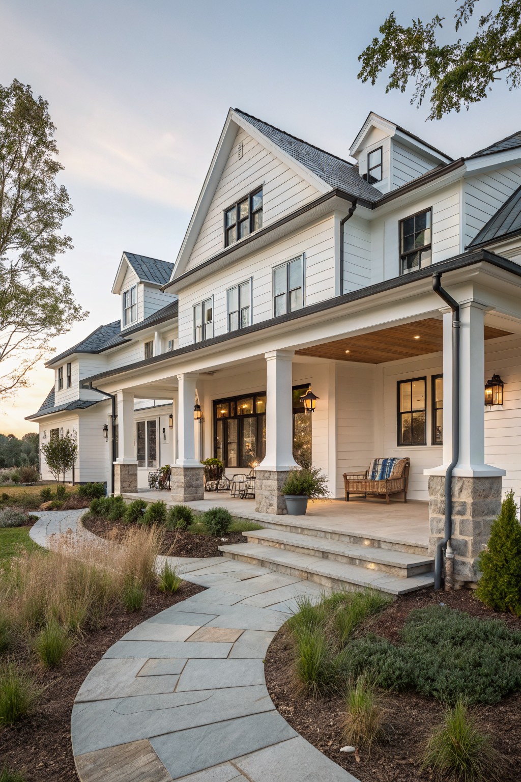 White modern farmhouse with gabled roof, black-framed windows, large covered front porch supported by white columns on stone bases, concrete steps, and curved bluestone pathway edged by grasses and shrubs at dusk.
