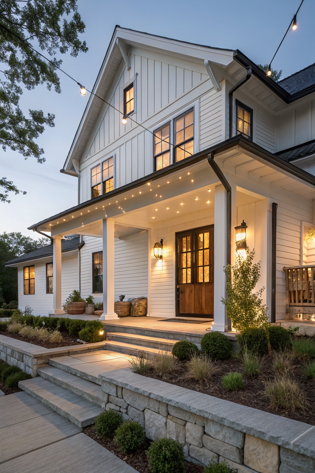 White board-and-batten farmhouse exterior at dusk with gabled roof, covered porch supported by columns, wood double doors, flanking lanterns, overhead string lights, stone entry steps, and low landscaping.