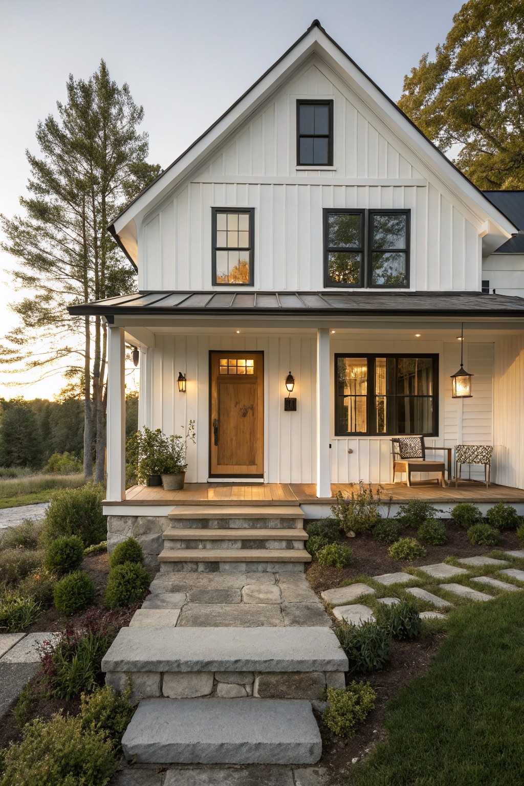 White board-and-batten farmhouse exterior with gabled front porch, black-framed windows, wooden door flanked by lanterns, wicker chairs on the porch, stone steps with boxwood shrubs, and gravel path amid grass and trees at dusk.