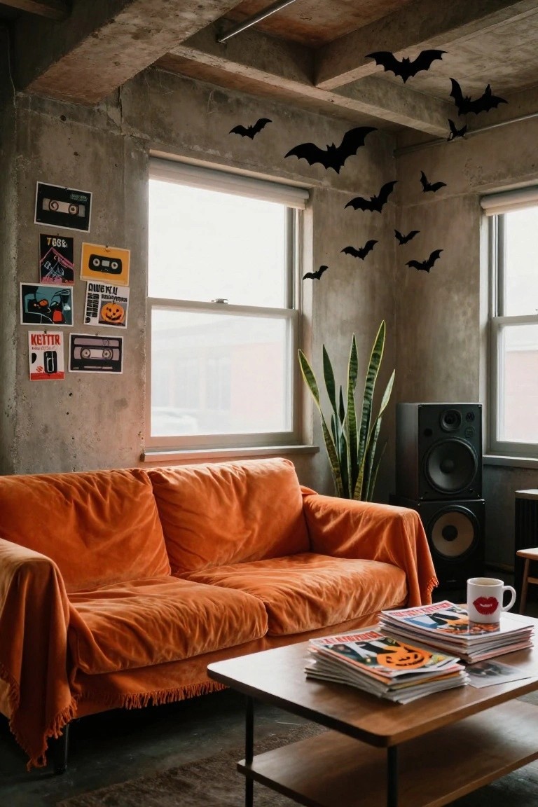 Living room with orange velvet sofa, wooden coffee table holding stacked magazines and a mug, snake plant next to black speakers, assorted retro posters on gray concrete walls, black bat silhouettes on walls and ceiling, and large windows.
