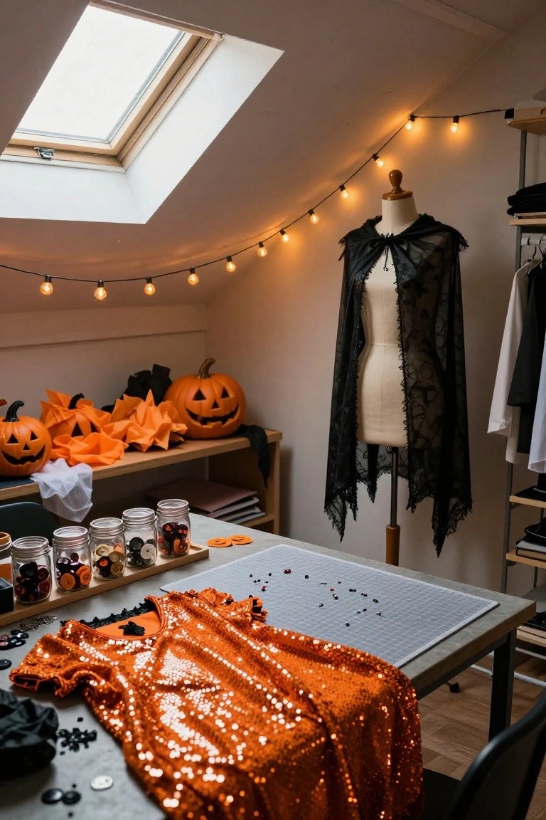 Attic room with skylight and string lights, Halloween paper pumpkins and jack-o-lanterns on shelves, sewing mannequin wearing sheer black cape, craft table with orange sequin dress, jars of buttons and sequins.