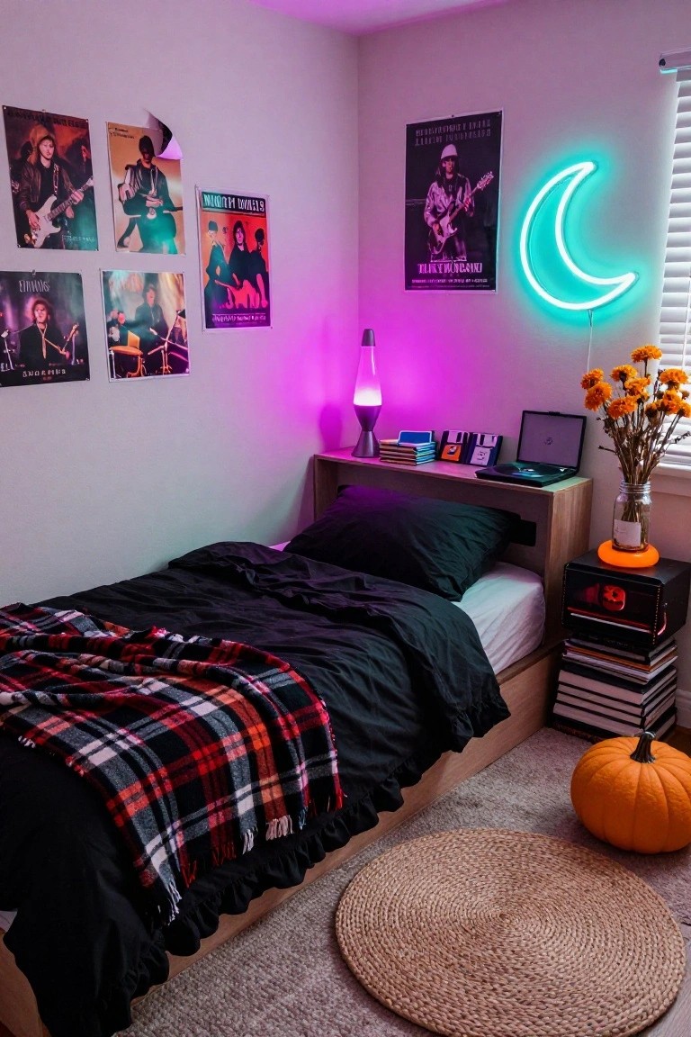 A cozy bedroom with black ruffled bedding and red plaid throw on the bed, walls covered in 90s band posters, green neon crescent moon sign, purple lava lamp on a desk headboard shelf, orange jack-o-lantern lamp on black nightstand with stacked books, potted flowers, decorative pumpkin on floor, and floppy disks on shelf.