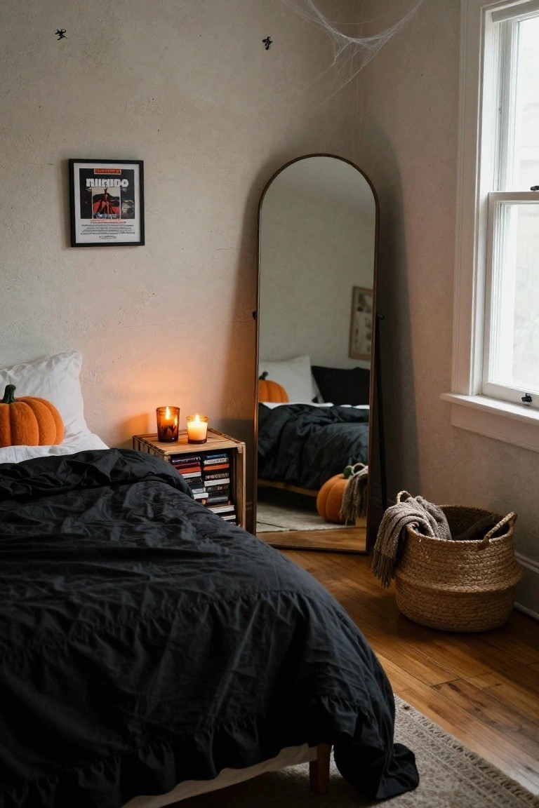 Bedroom interior featuring black ruffled bedding on a wooden bed frame, a plush orange pumpkin on a white pillow, two lit candles on a crate nightstand stacked with media, a tall arched mirror reflecting the bed, a woven basket with a pumpkin nearby, cobwebs on the walls, and a Midsommar movie poster framed on the wall.