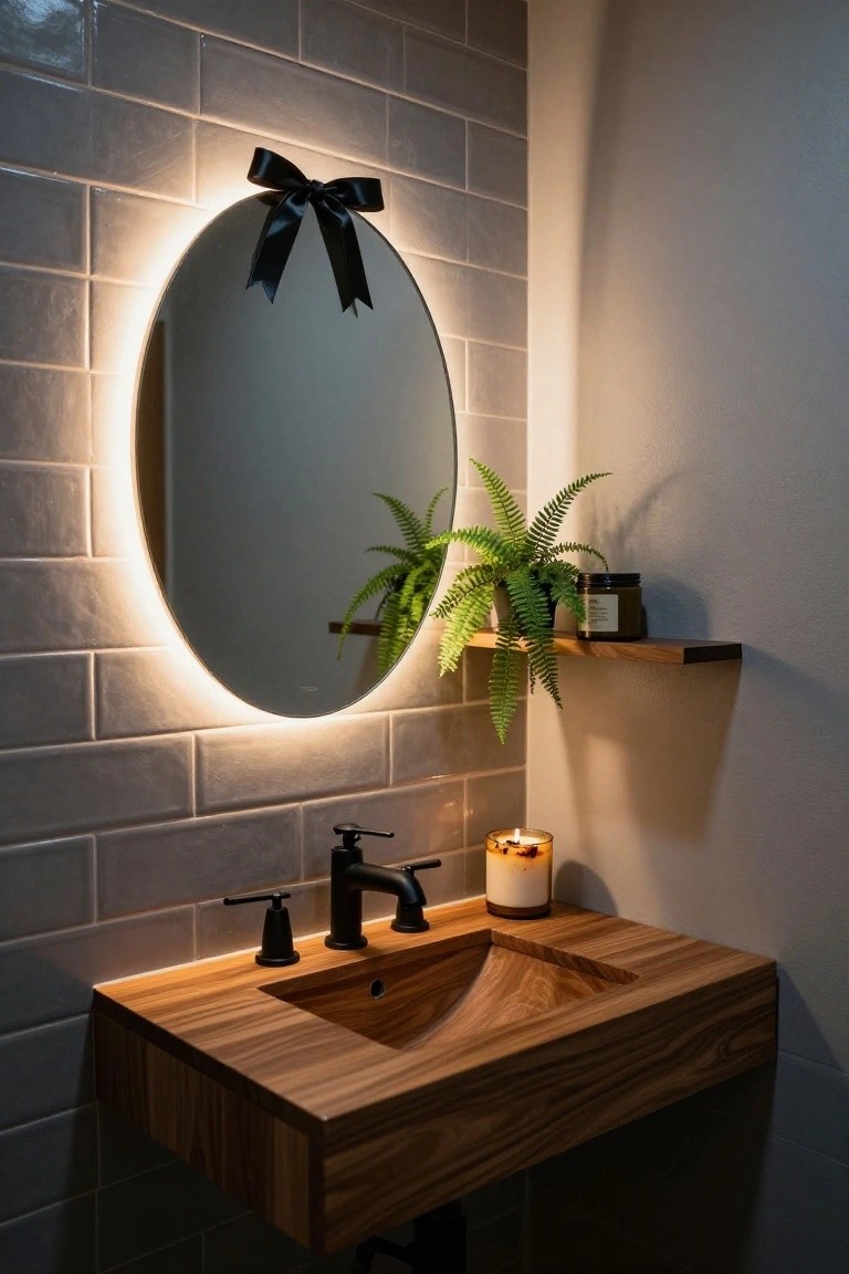 Modern bathroom vanity with wooden sink and black faucet, round backlit mirror topped with large black bow, wooden shelf holding fern plant and jar candle, gray subway tile walls.