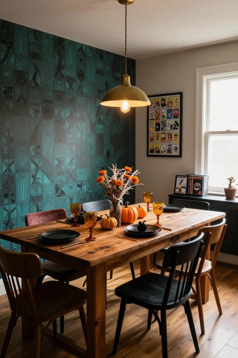 Dining room with teal geometric patterned wallpaper on one wall, wooden table set with black plates, amber glasses, pumpkins, and dried flowers, mixed chairs, brass pendant light, and framed tarot posters.