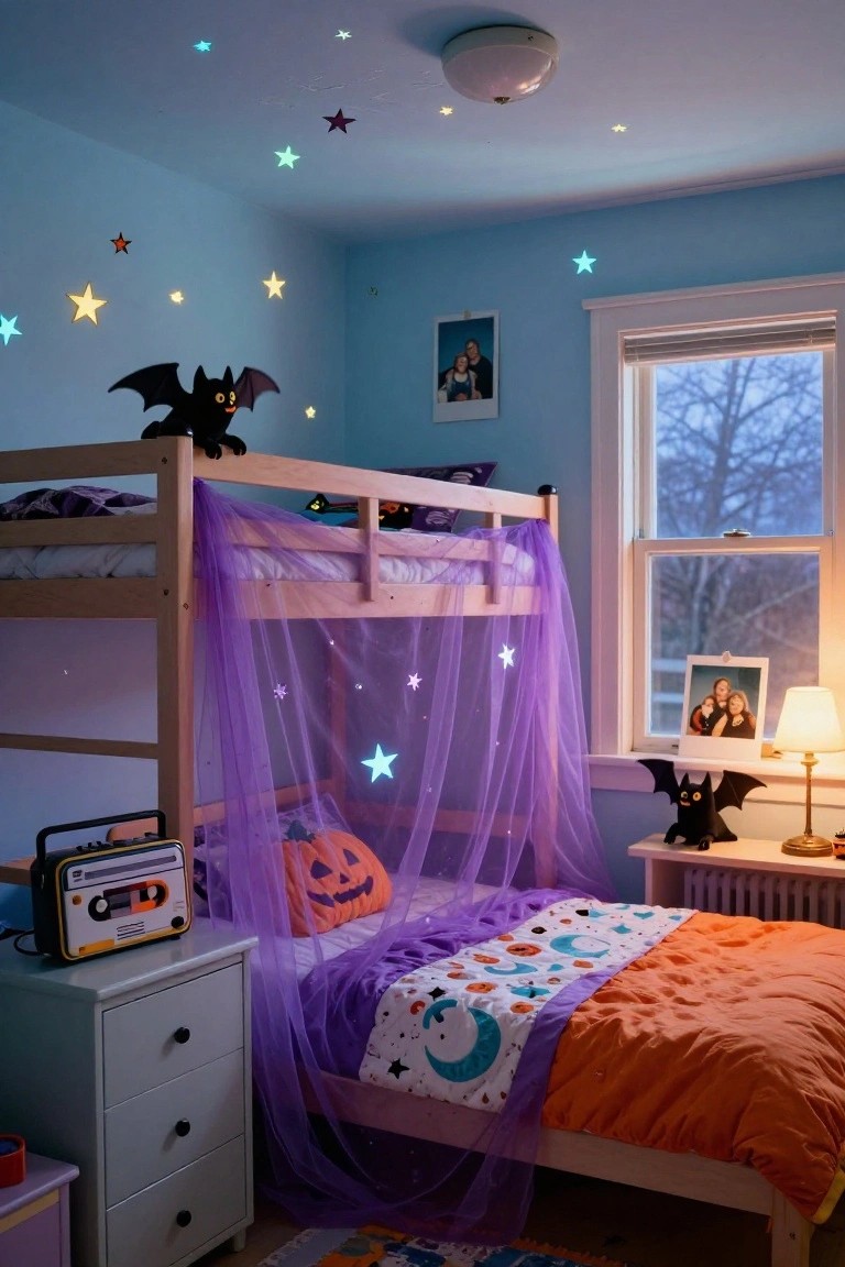 A child's bedroom featuring a wooden bunk bed with purple canopy netting, glow-in-the-dark stars on the ceiling and canopy, Halloween bat decorations, a pumpkin pillow on the lower bed, and a retro boombox on a nightstand.