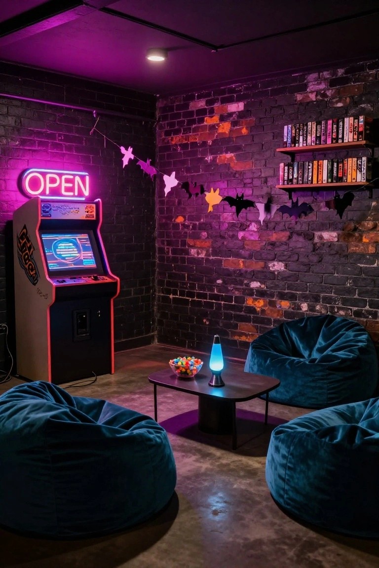Dimly lit basement room with exposed brick walls, neon OPEN sign, Halloween bat and ghost cutouts, arcade machine, lava lamp, candy bowl on low table, and large blue velvet bean bag chairs.