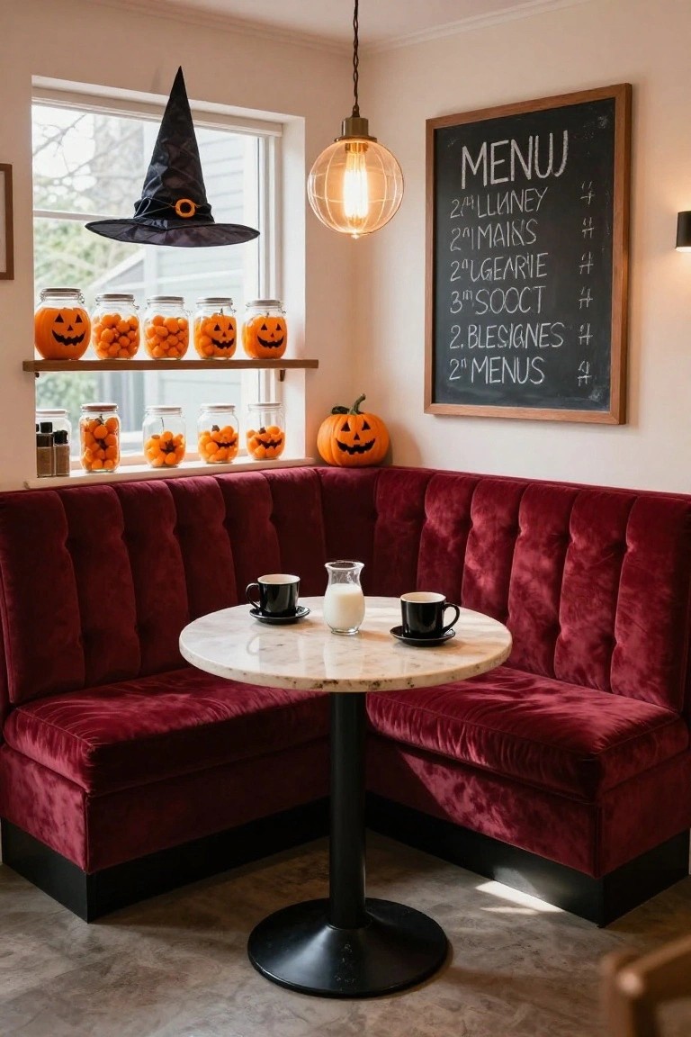 Red velvet corner booth seating around a round white marble table set with black coffee cups, saucer, and glass milk jug in a kitchen with Halloween decorations including jack-o-lantern jars on shelves, carved pumpkins, hanging witch hat, and chalkboard menu.