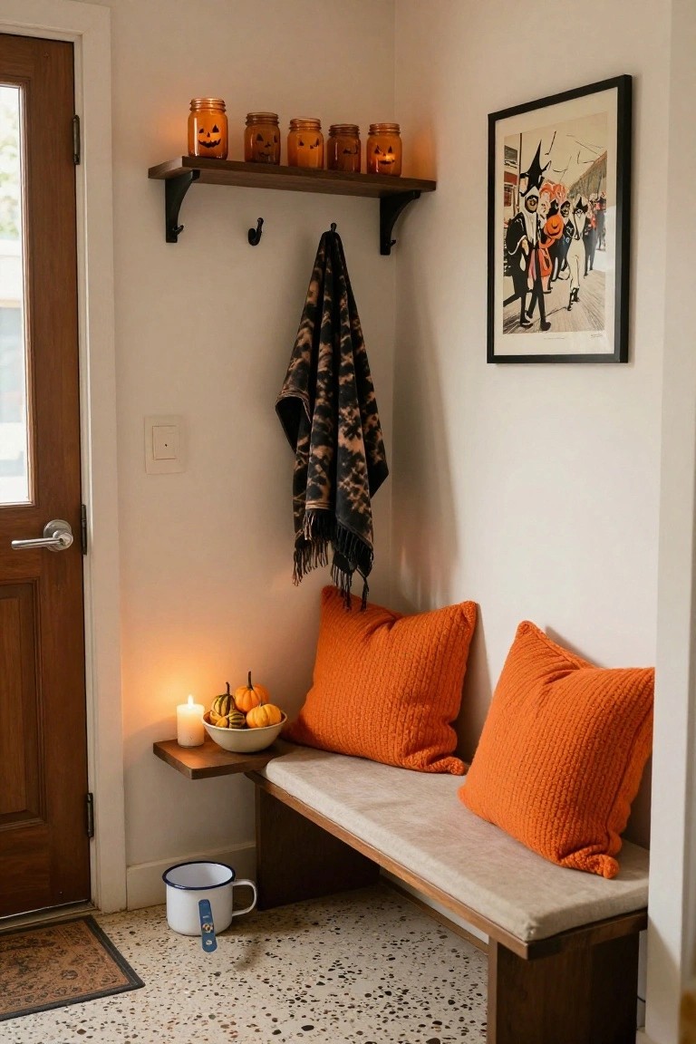 Indoor entryway corner with wooden bench topped by orange knit pillows, a white bowl of small pumpkins next to a lit candle on a shelf, Halloween-lit mason jars on wall shelf above coat hooks holding a patterned scarf, blue enamel mug on floor, and framed witch parade art on wall.