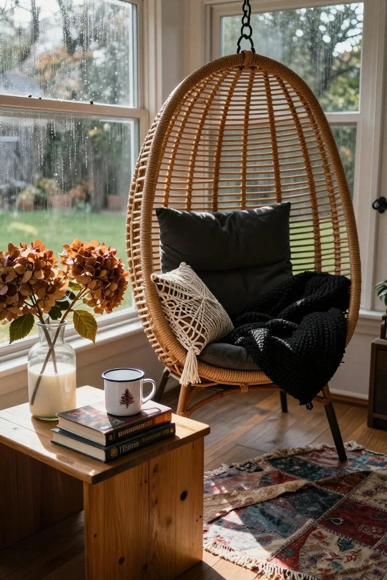Wicker hanging egg chair with gray cushion, white macrame pillow, and black knit blanket in a sunlit room next to windows, a wooden side table with books, white mug, candle, and orange hydrangeas in a vase.