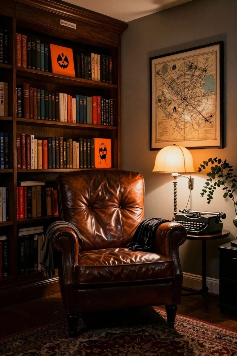Wood-paneled library corner with floor-to-ceiling bookshelves displaying orange jack-o-lantern plaques, brown leather armchair with throw, brass lamp, and vintage typewriter on side table.