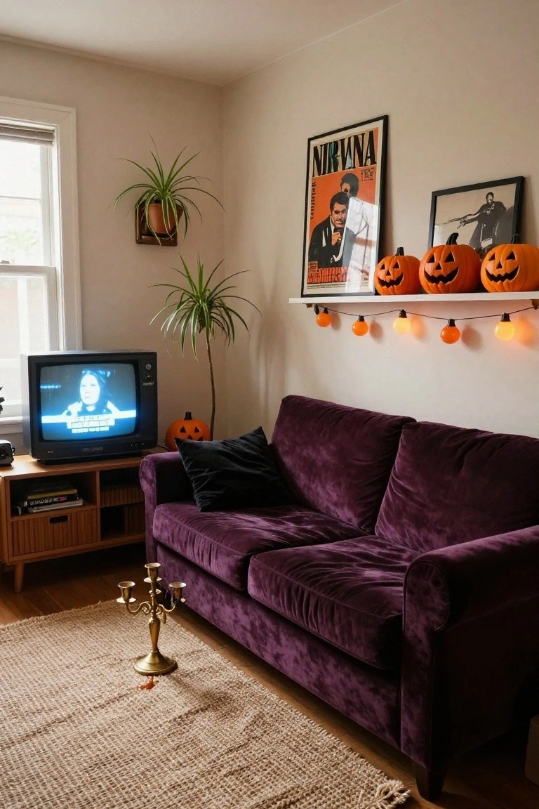 A living room with a purple velvet sofa, retro black CRT television on a wooden media stand, potted spider plants hanging and standing, brass candelabra on a jute rug, wall shelf holding carved jack-o-lanterns and orange string lights, and framed posters including a Nirvana print.