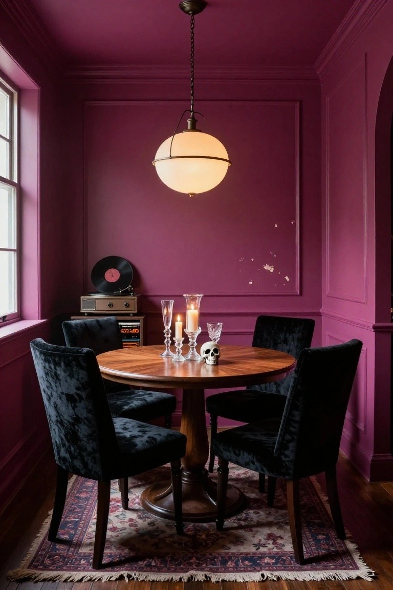 Small interior dining room with deep purple walls and wainscoting, black velvet chairs around a round wooden table set with candles, glassware, and a skull, globe pendant light overhead, record player on a shelf, and patterned rug on wood floor.