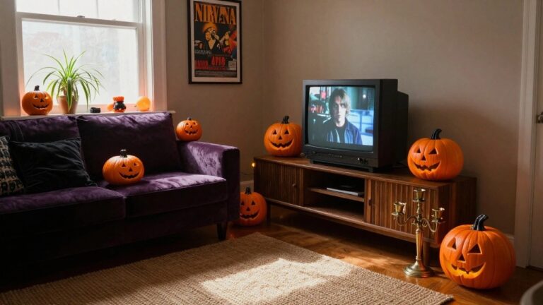 A living room with a purple velvet sofa, retro black CRT television on a wooden media stand, potted spider plants hanging and standing, brass candelabra on a jute rug, wall shelf holding carved jack-o-lanterns and orange string lights, and framed posters including a Nirvana print.