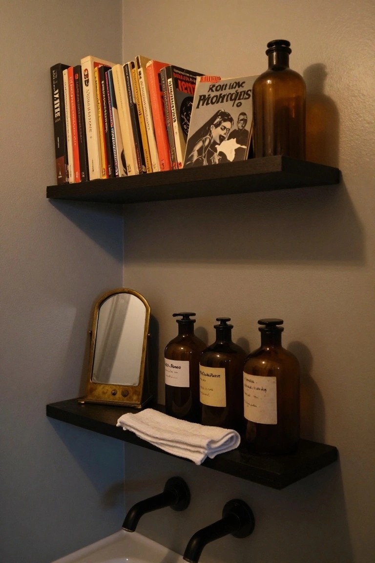 Corner of a gray bathroom with two black floating shelves; upper shelf holds stacked books and an amber glass bottle, lower shelf has a brass mirror, white towel, and three labeled amber glass bottles above black faucets and a white sink.