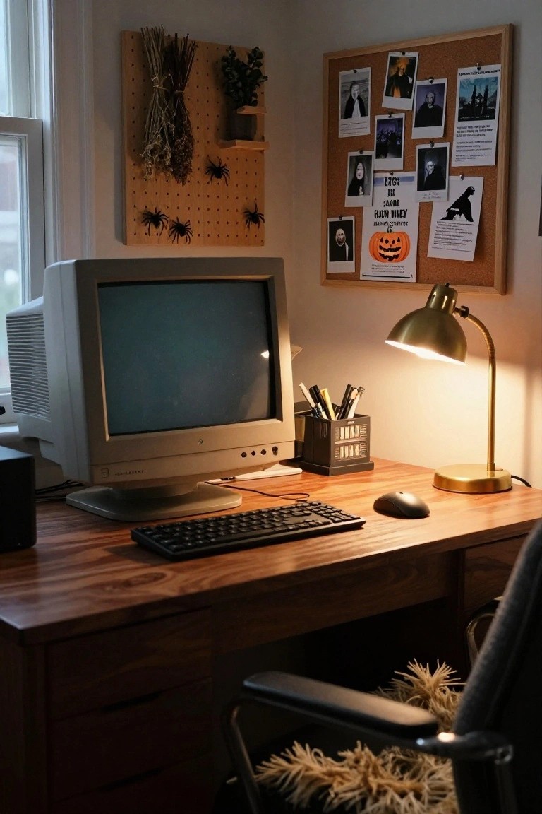 Wooden desk setup with beige CRT monitor, black keyboard and mouse, brass desk lamp, pen holder, and nearby corkboard wall covered in Halloween photos, posters, fake spiders, and pumpkin decoration in a warmly lit room.