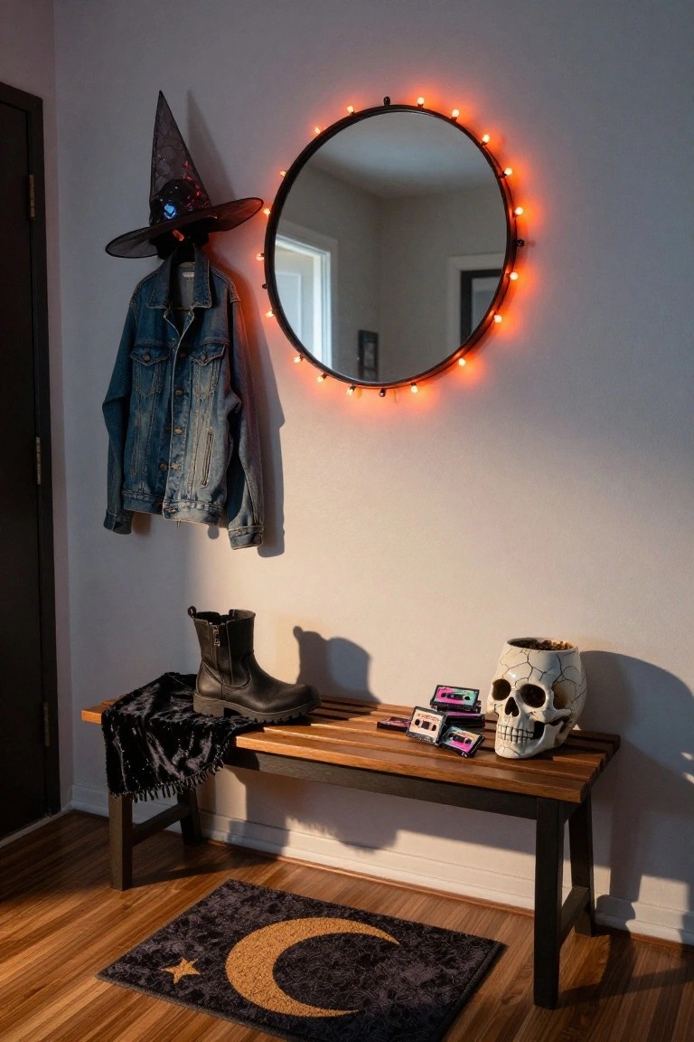 Indoor entryway featuring a wooden bench with colorful 90s cassette tapes, white ceramic skull, black velvet throw, and black boot; glowing orange-rimmed round mirror on wall with hanging witch hat and denim jacket nearby, dark crescent moon rug on floor.