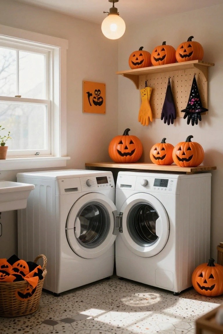 White front-loading washer and dryer in a laundry room decorated for Halloween with orange carved pumpkins on wooden shelves and counters, hanging yellow rubber gloves, purple gloves, and witch hats on pegboard, a basket of small orange pumpkins on the floor, and a plant in a pot by the window.