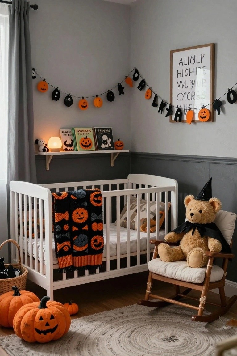A white crib with black and orange knitted blanket in a gray nursery decorated for Halloween, with plush pumpkins on the floor, a teddy bear wearing a witch hat and cape on a rocking chair, Halloween garland above shelves of books, and black pumpkin decorations.