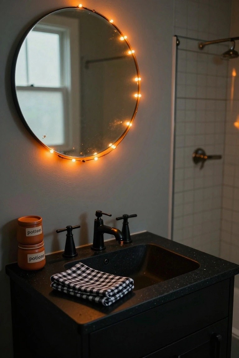 Bathroom sink with black vanity, round mirror, and orange potion jars.
