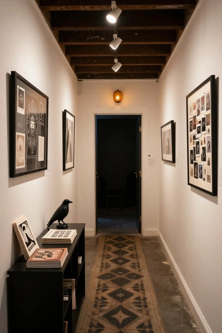Narrow white hallway with exposed wooden ceiling beams, spotlights, black-framed artwork on walls, black console table holding stacked books and a raven sculpture, patterned runner rug on wood floor, leading to dark open doorway.